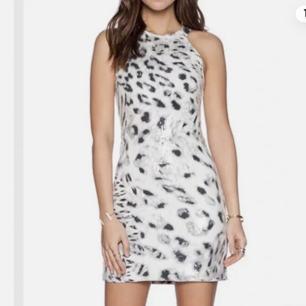 NWT Parker White and Black Leopard Sequin Halter Mini Dress, Size XS